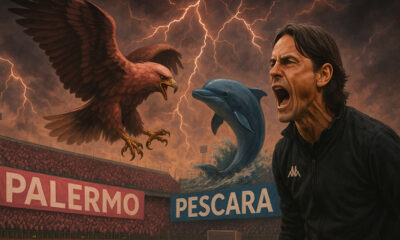 llustrazione epica della partita Palermo–Pescara: sotto un cielo tempestoso attraversato da fulmini, l’aquila rosanero e il delfino del Pescara si scontrano sopra uno stadio gremito di tifosi in rosa e nero. In primo piano, l’allenatore Pippo Inzaghi incita la squadra con grinta e determinazione.