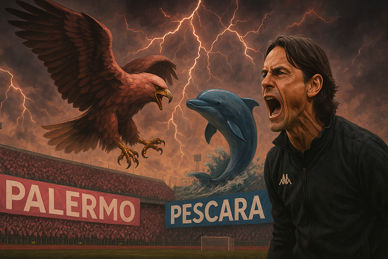 llustrazione epica della partita Palermo–Pescara: sotto un cielo tempestoso attraversato da fulmini, l’aquila rosanero e il delfino del Pescara si scontrano sopra uno stadio gremito di tifosi in rosa e nero. In primo piano, l’allenatore Pippo Inzaghi incita la squadra con grinta e determinazione.