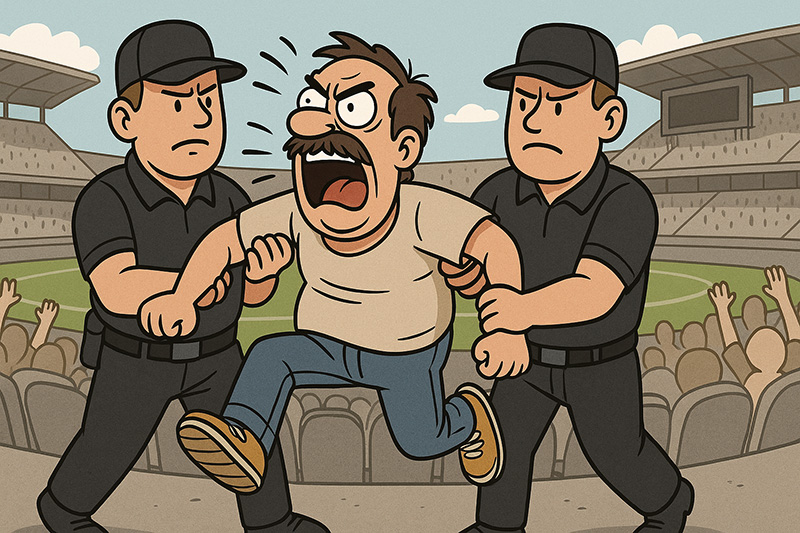 Illustrazione umoristica di un tifoso che urla mentre due guardie lo portano via da uno stadio affollato.