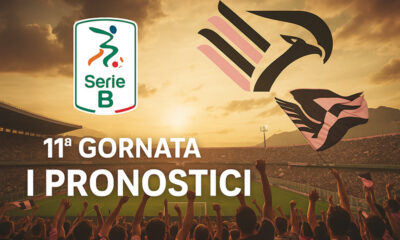 Infografica epica dell’11ª giornata di Serie B con il logo ufficiale, la scritta “11ª Giornata – I Pronostici”, lo stadio Renzo Barbera pieno di tifosi del Palermo che sventolano bandiere rosanero e l’aquila simbolo del club che vola sopra il cielo al tramonto.