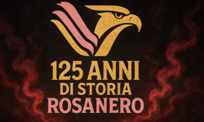 Logo del Palermo Calcio con un’aquila stilizzata sopra la scritta “125 anni di storia rosanero” su sfondo epico con fumi rosanero e dorati.