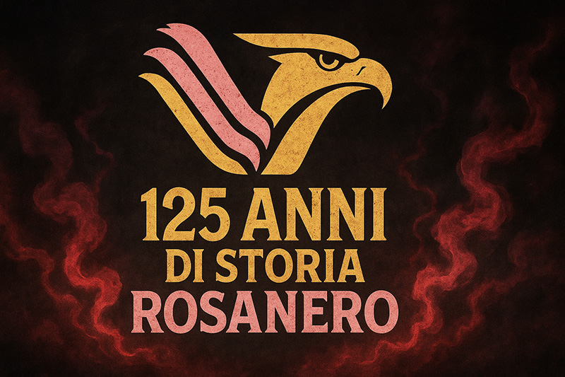 Logo del Palermo Calcio con un’aquila stilizzata sopra la scritta “125 anni di storia rosanero” su sfondo epico con fumi rosanero e dorati.