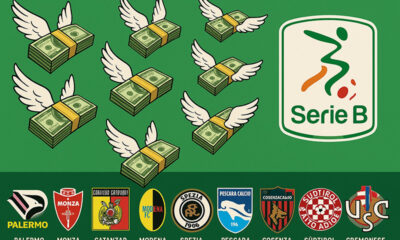 Mazzi di dollari con le ali che volano dai loghi delle squadre di Serie B verso il logo della Serie B su sfondo verde.