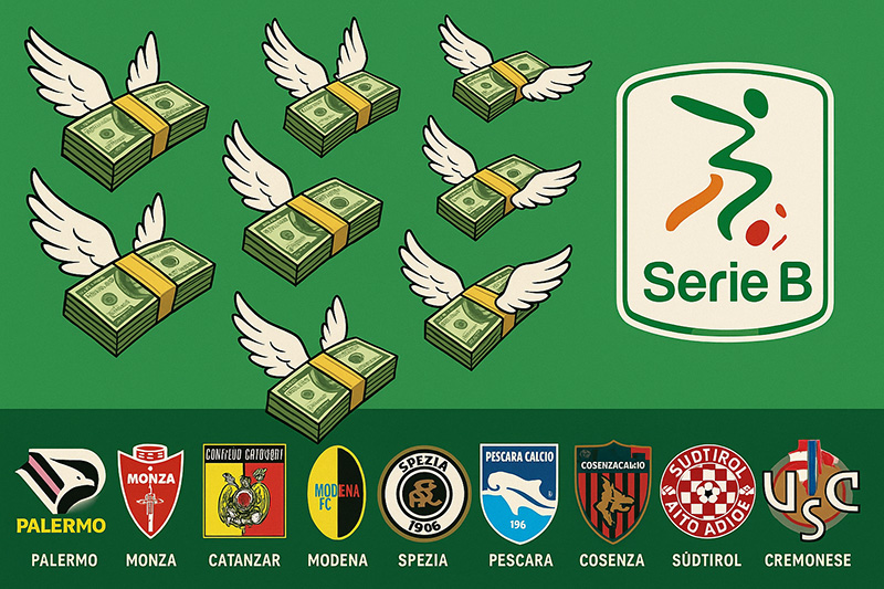 Mazzi di dollari con le ali che volano dai loghi delle squadre di Serie B verso il logo della Serie B su sfondo verde.