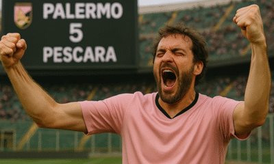 Tifoso del Palermo calcio che esulta con le braccia alzate allo stadio Renzo Barbera davanti al tabellone con il risultato Palermo 5 – Pescara 0.