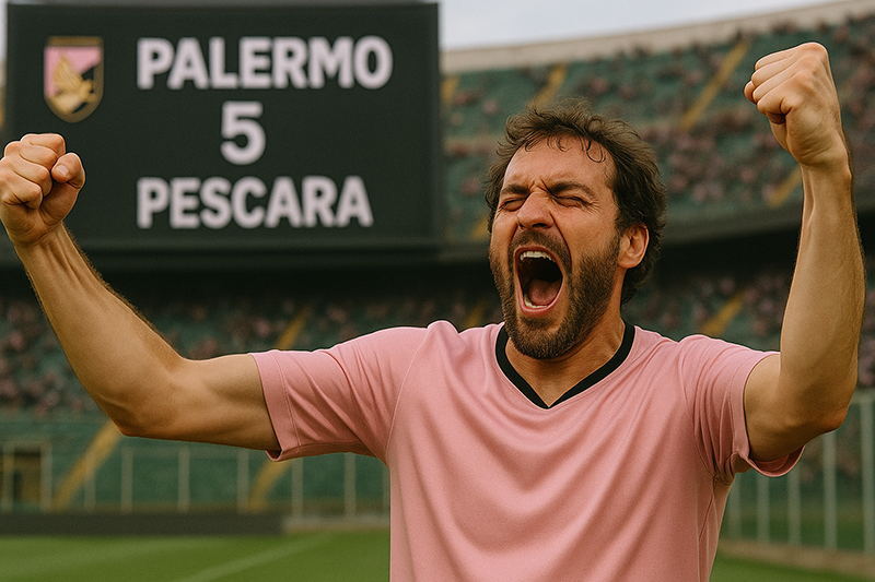 Tifoso del Palermo calcio che esulta con le braccia alzate allo stadio Renzo Barbera davanti al tabellone con il risultato Palermo 5 – Pescara 0.