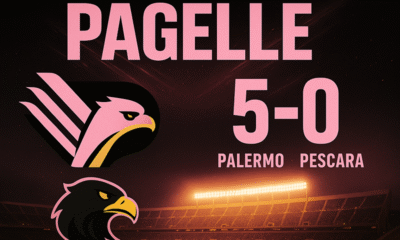 Infografica in stile sportivo con l’aquila rosanero, il risultato 5-0 e la scritta “PAGELLE” sopra lo stadio Renzo Barbera illuminato.