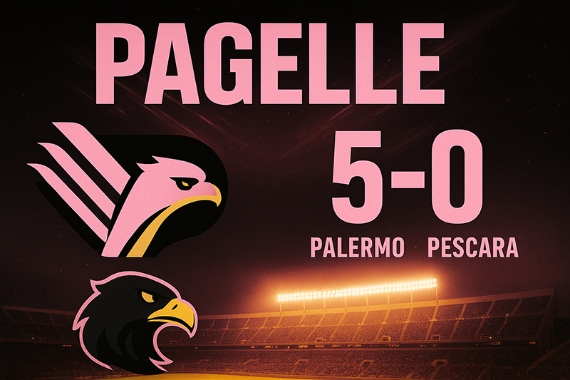 Infografica in stile sportivo con l’aquila rosanero, il risultato 5-0 e la scritta “PAGELLE” sopra lo stadio Renzo Barbera illuminato.